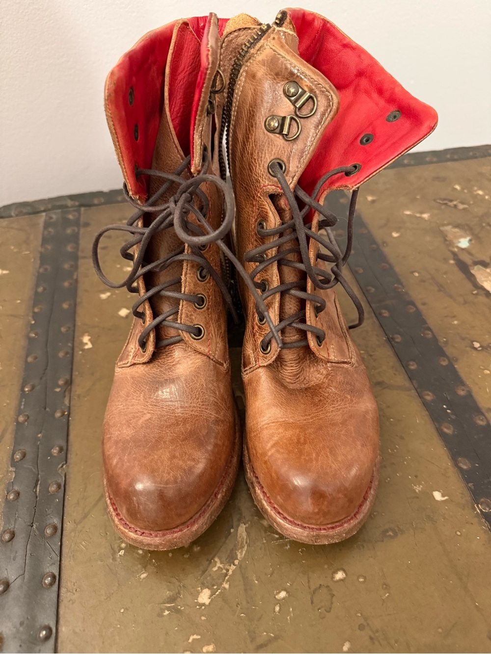 Bed Stu Brown Leather Combat Boots with Red Lining Accent